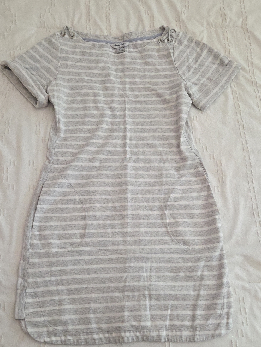 Tommy Bahama Gray and White Striped Short-Sleeve Mini Dress